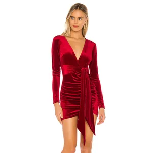 OEM Clothing Ladies Elegant v Neck Long Sleeves Red Velvet Casual Bodycon Sexy Party Club Women Mini Dress