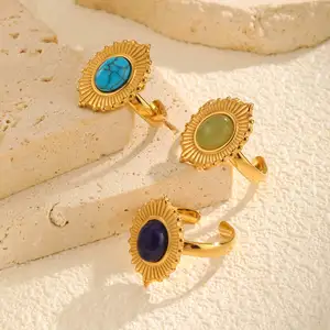 Retro Women's Gold Color Stainless Steel Natural Stone Lace Side Oval Turquoise Green Aventurine Lapis Lazuli Cuff Ring