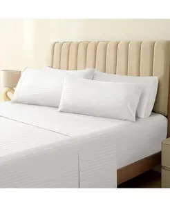 High Thread Count Anti Pilling Soft White Stripe Bed Sheet Set for Hotel Accommodation Luxury Hotel Bed Linens