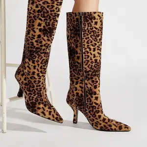 BUSY GIRL CXX178 Ladies Boots Knee High Women's Leopard Print Suede High Heeled Knee High Boots Pointed Toe Side Zipper