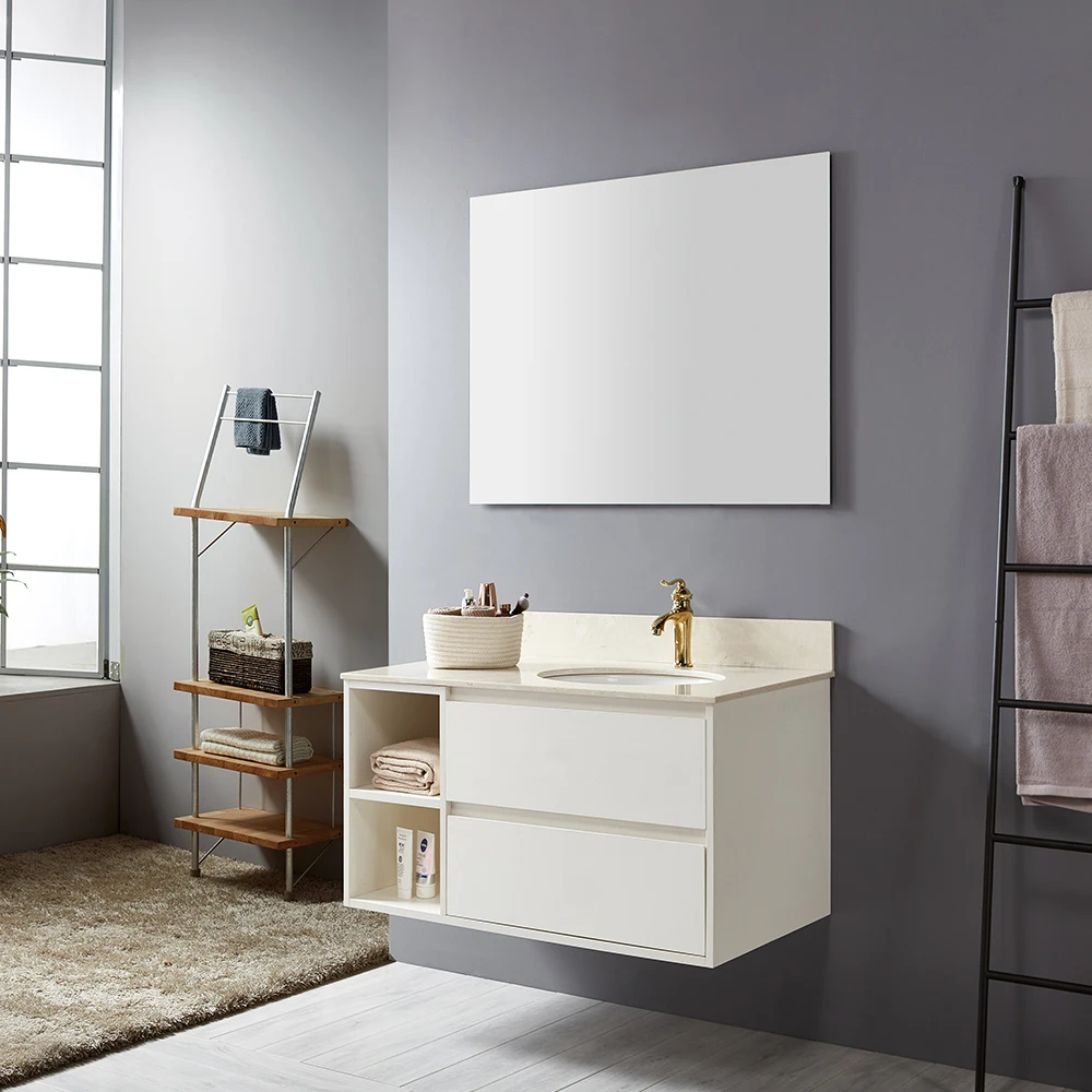 Modern Custom White  Luxury Bathroom Vanity Cabinet with Marble Counter top  And drawers and mirror