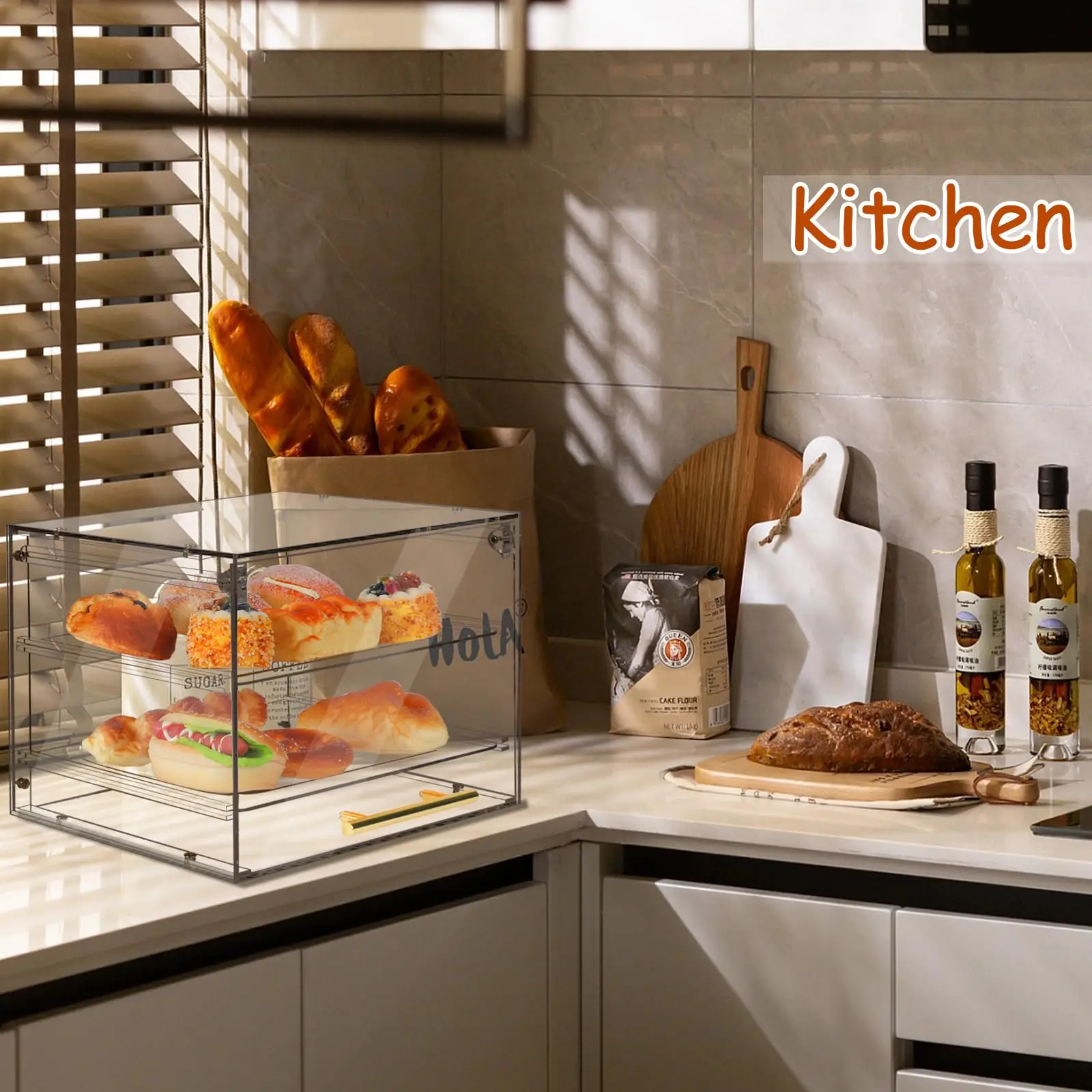 Countertop Acrylic Bread Box with Front Door Acrylic Large Pastry Display Case for Bakery Bread Baking
