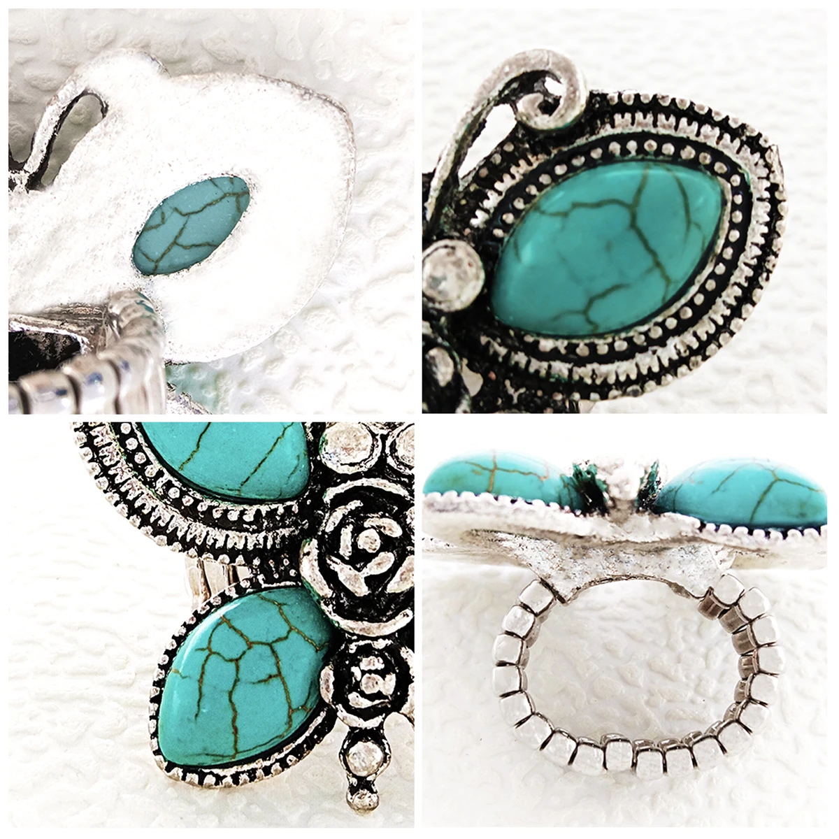 product new fashion custom vintage butterfly geometric shell turquoise natural stone elastic ring for women742-7