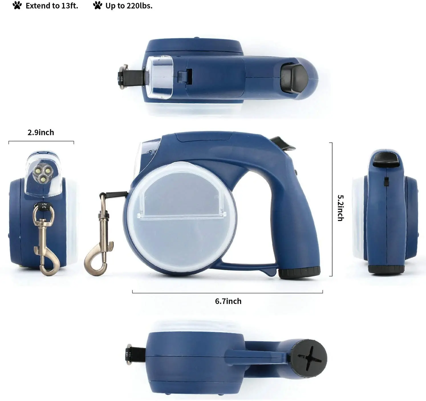 Automatic Multi-Functional LED Retractable Dog Leash Poop Bag Dispenser Flash Light Storage Bowl Leather Material Printed