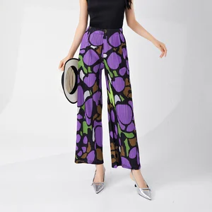 Miyake Women High Waist Pleated Casual Pants Elegant Wide Leg Design New Summer Style Printed Straight Pants Loose Hot Sale