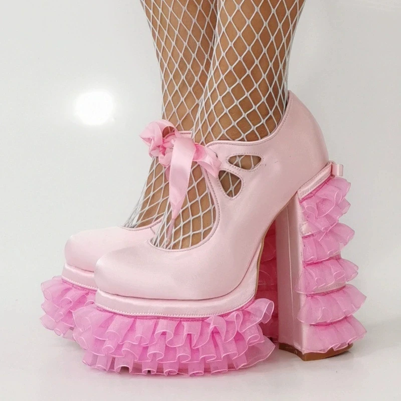 Fashion Cosplay Girls Pink Lolita Lace Fringe Heel Large Size 47 Mary Jane Shoes Chunky Heels Platform High Heels - Image 3