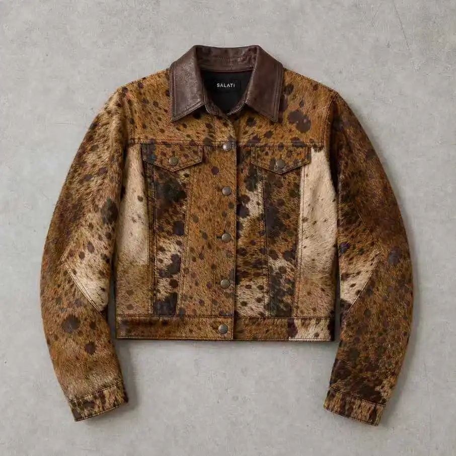 OEM Custom Brown Animal Print Faux Cowhide Cropped Trucker Contrast Collar Long Sleeve Casual Streetwear Men Leather Jacket gallery 7