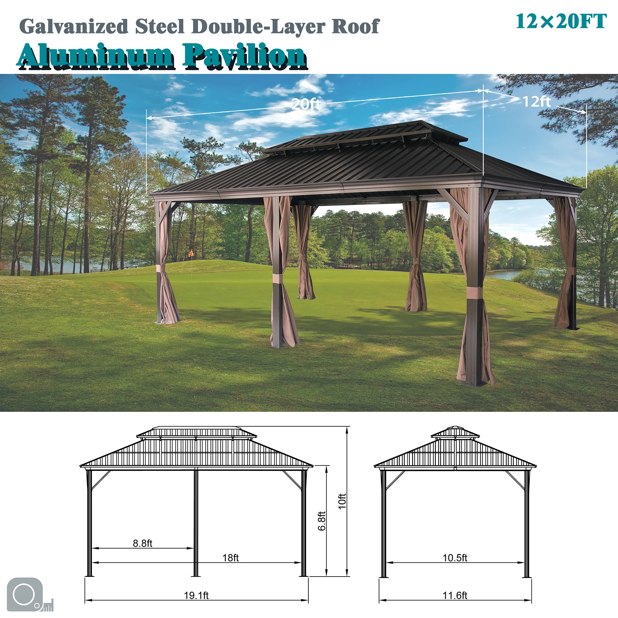 Nowensol 12 'x 20' Hard Top Pavilion Gazebo,Galvanized Steel Double ...