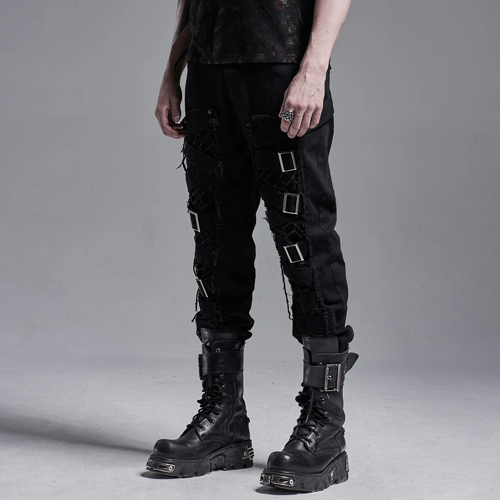 Punk Rave Men's Black Metal Buckles Decoration Pants Personality Trousers
