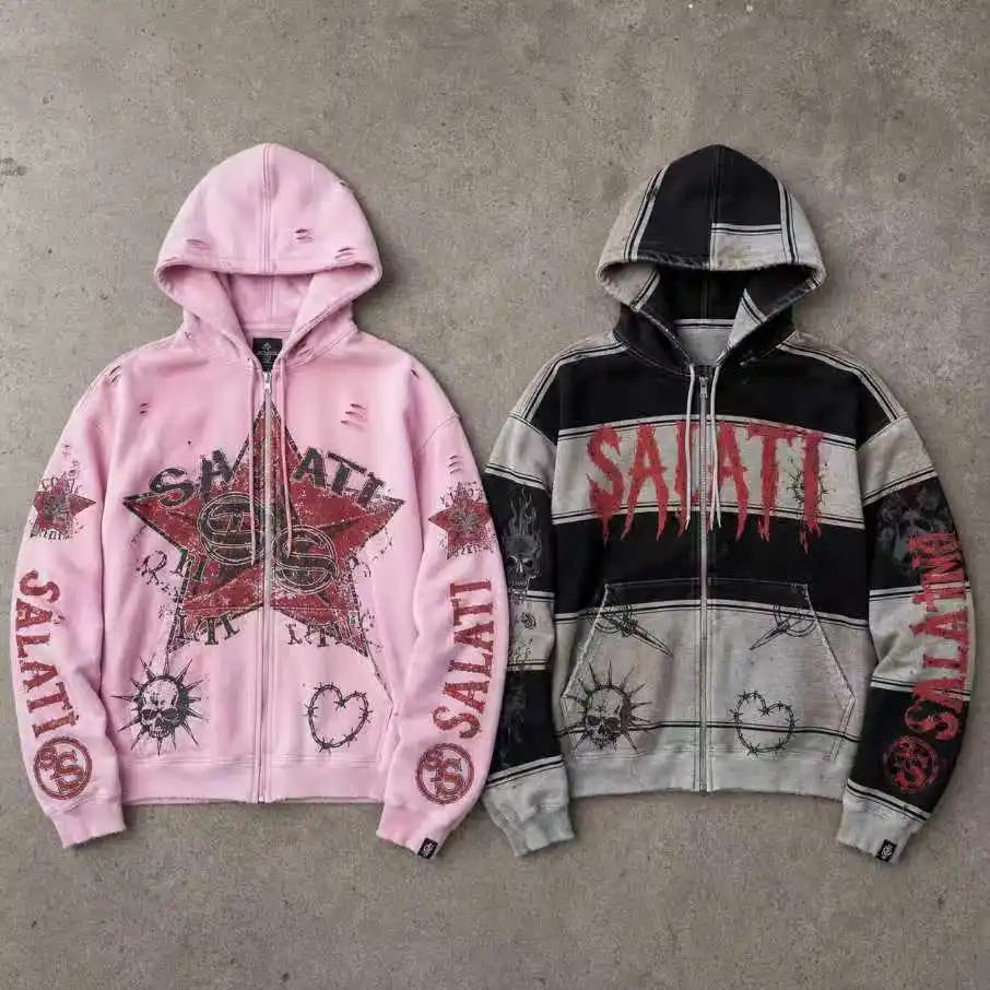 OEM Custom Men Hoodies Multi Color Washed Full Zip Oversized Gothic Graphic Distressed Streetwear Fashion Men Zip Up Hoodie