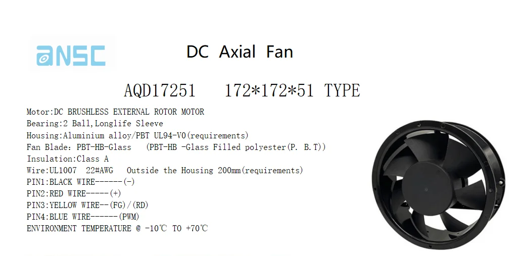 Durable/Large air volume /High speed/Mute/Long life/High quality AQD17251 17CM  172x150x51 DC Brushless Axial flow Fan