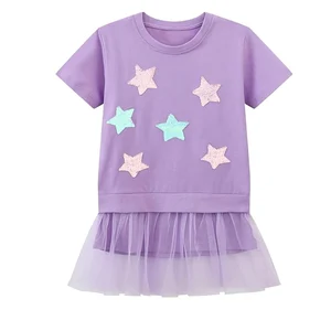 Customizable New Product Explosion Short Sleeve Shinning Star Patch Soft Tulle Dress Girls Dresses