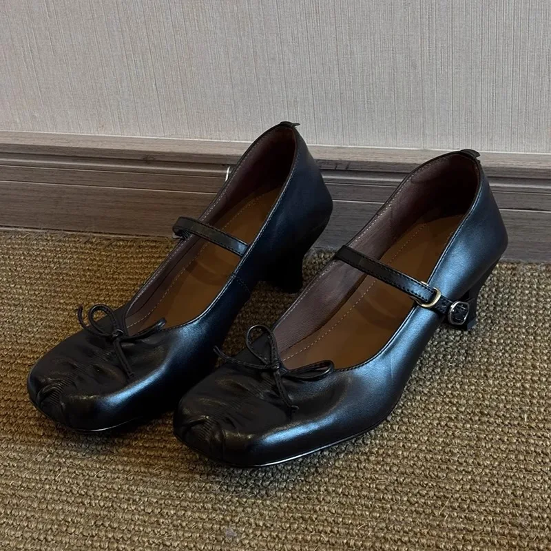 Square Toe Summer Vintage Mary Jane Shoes Women French Elegant Bowknot Thick Heel Pumps Ladies - Image 4
