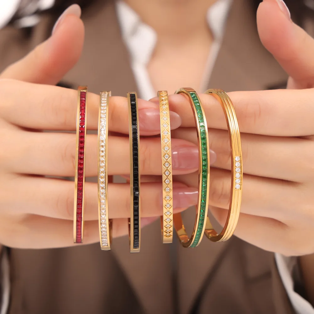 Bracelet New Trend Fashion Jewelry PVD Gold Plating Square Color Zircon  Stainless Steel Bracelets Bangles for Women