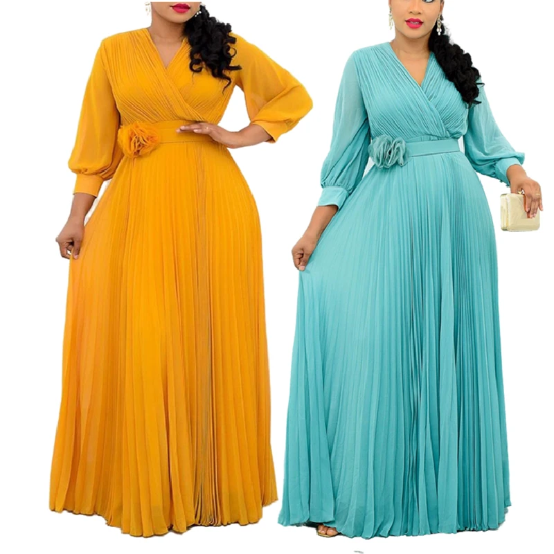 DP8117 New Design Temperament Tommuter Splicing High Waist Loose Long Dress Plus Size Womens Dress Pleated Dress With Free Belt
