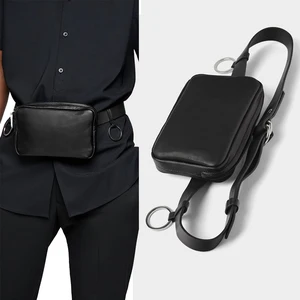 Custom Vegan PU Leather Black Men's Fanny Pack Bumbag Zipper Belt Pouch Waist Bag for Men