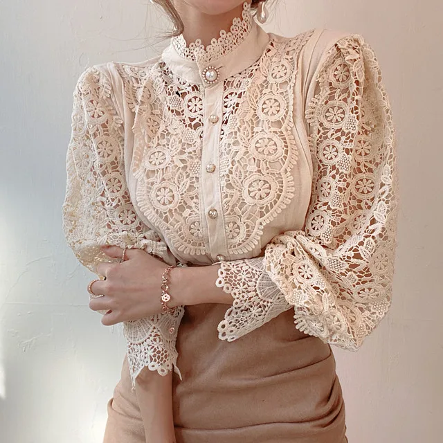 2021 Woman Korean Tops Fashionable Chic Button All-match Lace Hollow Flower Shirt Blouse T13105Y