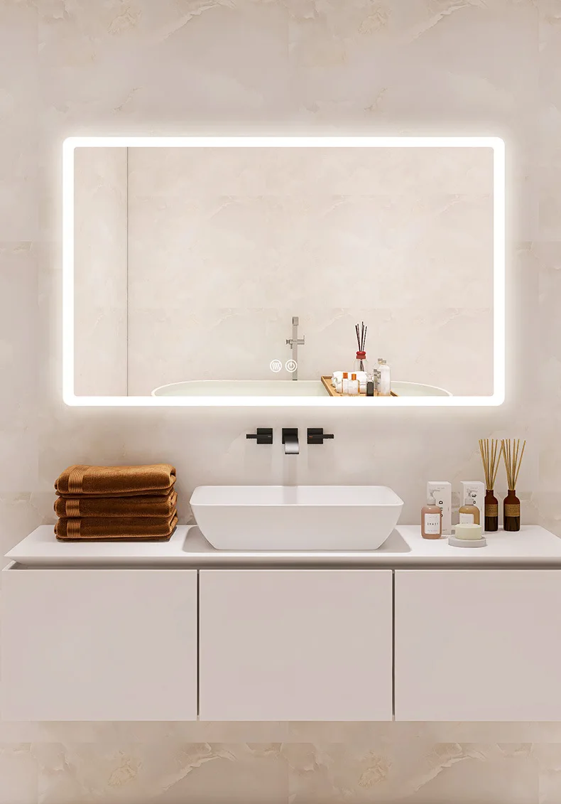 product rectangle smart touch screen backlit customizable led bathroom mirror wall mounted lighted mirror with led light-2