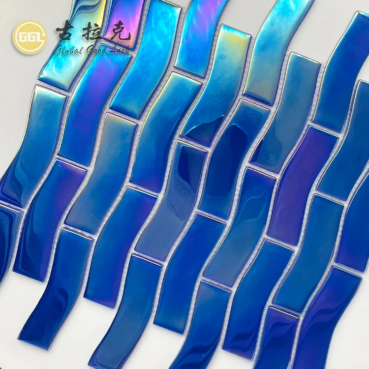 Mosaic Tile Outdoor Cheap Blue Color Iridescent Crystal Glass Mosaic Tiles For Outdoor Swimming Pool 300*300 Glass Tiles