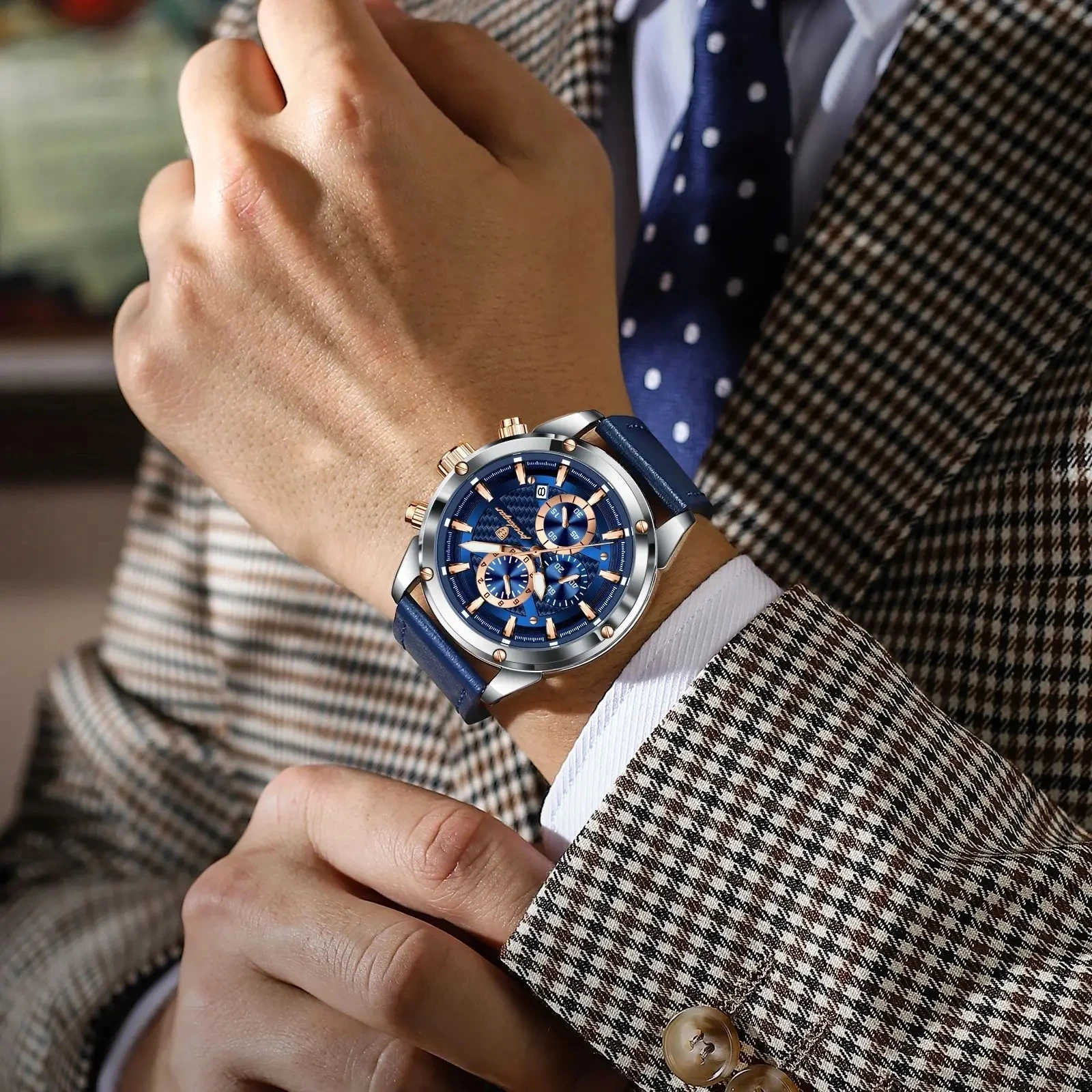 POEDAGAR 860 Fashion Classic Genuine Leather Band Clock Hardlex Dial Window Material Men aperçu 4