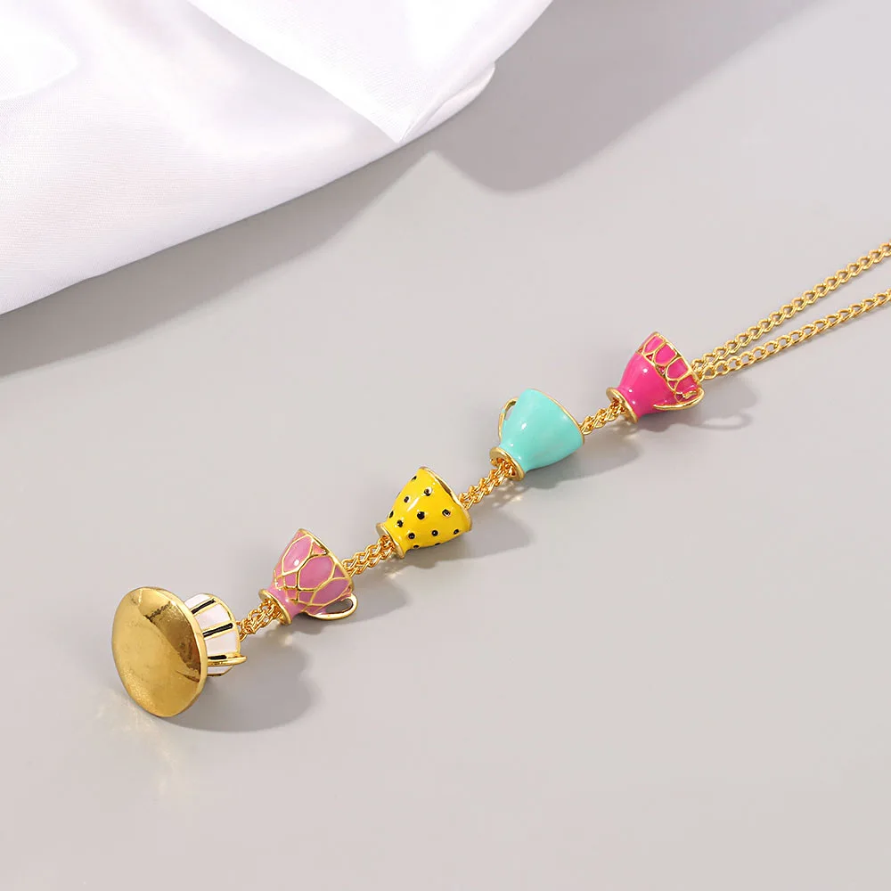 Fashion Jewellery Enamel Enamel Tea Cup Earrings Sweater Necklace Handmade Stereoscopic Tea Cup Enamel Necklace