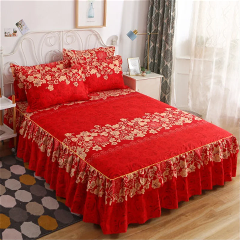 Floral Printing Soft Bed Skirt And Pillowcase Set King Queen Twin Size Bedspread 