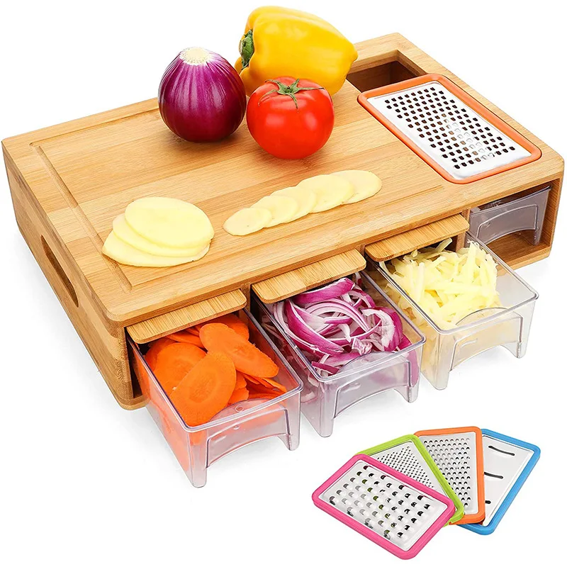 BAMBOO LAND Large bamboo cutting board with trays/drawers/container and  bamboo lids, Chopping board with juice grooves, handles & food