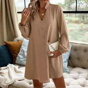 Women's Vintage Summer Breathable Knitting Long Sleeve V-Neck Single Breasted Loose Solid Color Dresses for Fashion