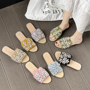 Fashionable Rhinestone Leather Cool Slipper Female Summer New Type Sweet Temperament Soft Bottom Casual One Flip-flops
