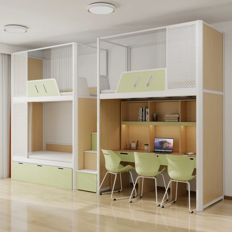 Modern Three-Person Iron Frame Bunk Bed Student Dormitory Apartment Bed with Desk