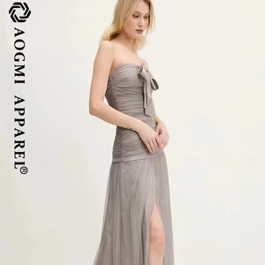 Haute Couture Fashion Ladies A-Line Floor-Length Elastic Waist Off-the-Shoulder Bow Slim Split Shoulder Satin Dress