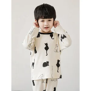 N3047/Hot Sale Cat Print Custom Winter Pajamas for Boys Cartoon Night Wear Sleepwear Wholesale Garments