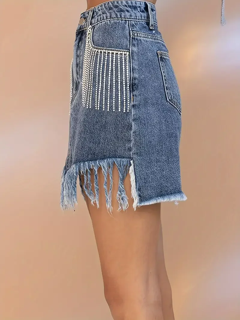 Summer Women's Mini A-line Bodycon Jean Denim Skirt With Rhinestones Tassel Frayed Hem Sexy Lady Skinny Short Skirts