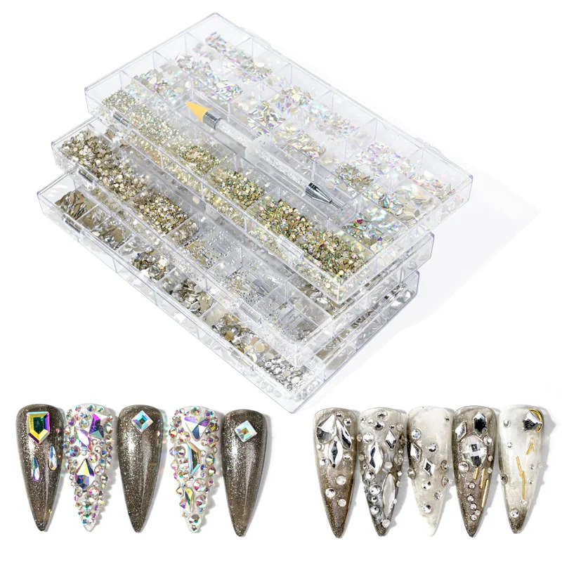 1 Box Nail Crystals Rhinestones 21Grid Flat Glass Nail Diamond Jewelry  Glass Nail Crystals Bling Box rhinestones