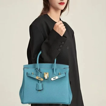 High-End Women's Genuine Cowhide Leather Handmade Handbag Platinum Bag Wax Thread Togo Pebbled Leather High Quality First Layer