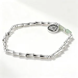 Men Women Retro Silver Bamboo Bead Bracelet with Chinese Fu Blessing Charm Jade Vintage Style Lucky Jewelry for Gift Daily Wear