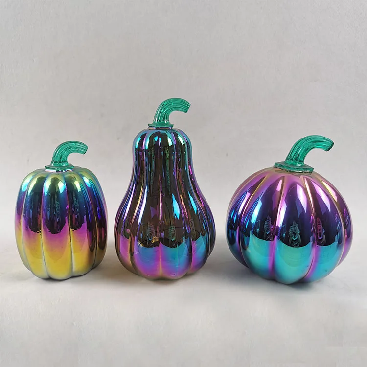 Light up halloween hand blown glass pumpkin gift craft items ornaments decoration halloween led lights decorations for sale