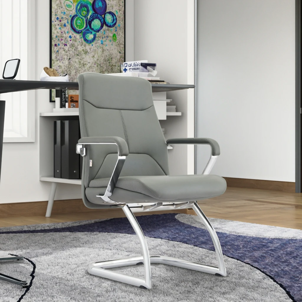 Modern Executive Leather Chrome Frame Desk Chair Fixed Headrest Adjustable Height Swivel Solid Back Aluminium Base Office 5
