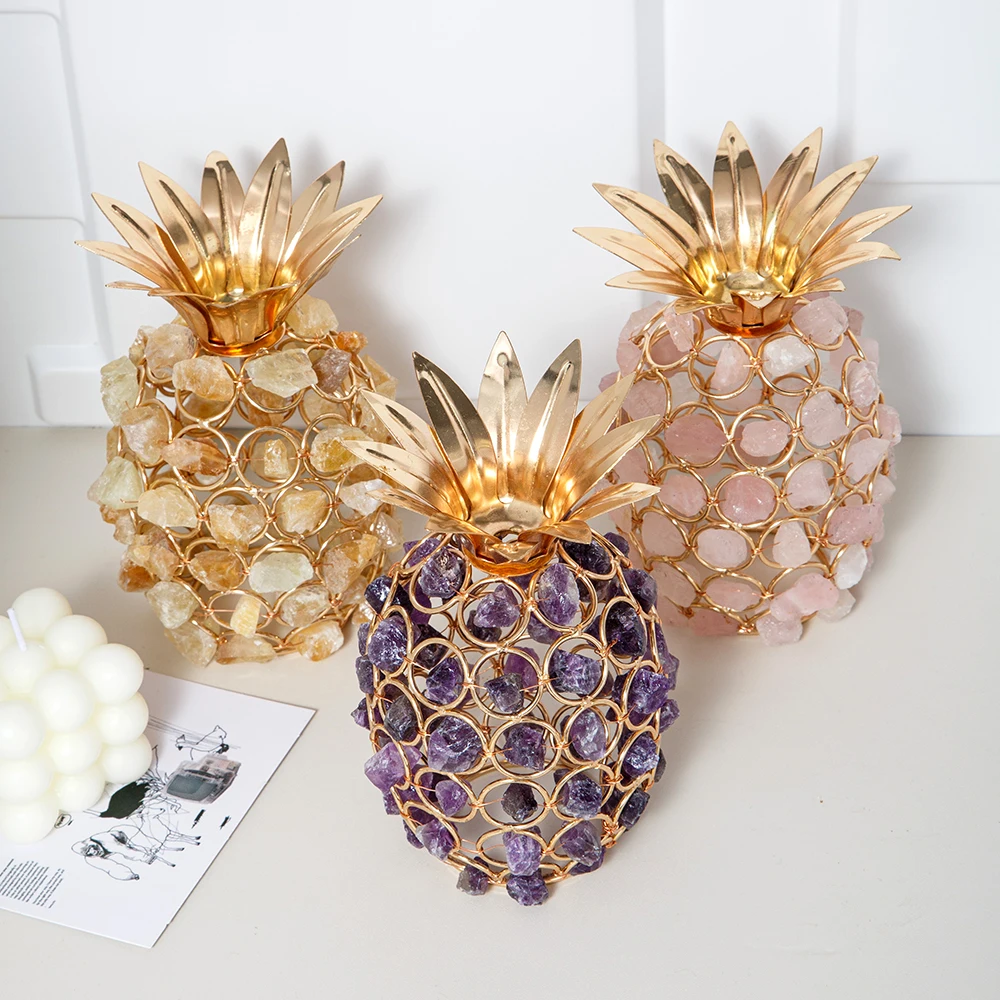 Natural Crystal Amethyst Tea Light Votive Candle Jar Holder Gemstone Pineapple Shape Table Lamp for Home Deco