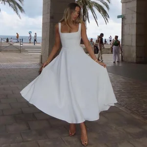Square Neck A-line Strap Long Evening Prom Dress Women Elegant Backless Sleeveless Slim High Waist Robe Lady Holiday