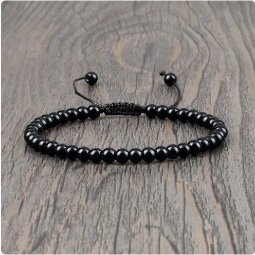 Beaded Bracelet Handmade 4 6 8mm Natural Stone Shiny Black