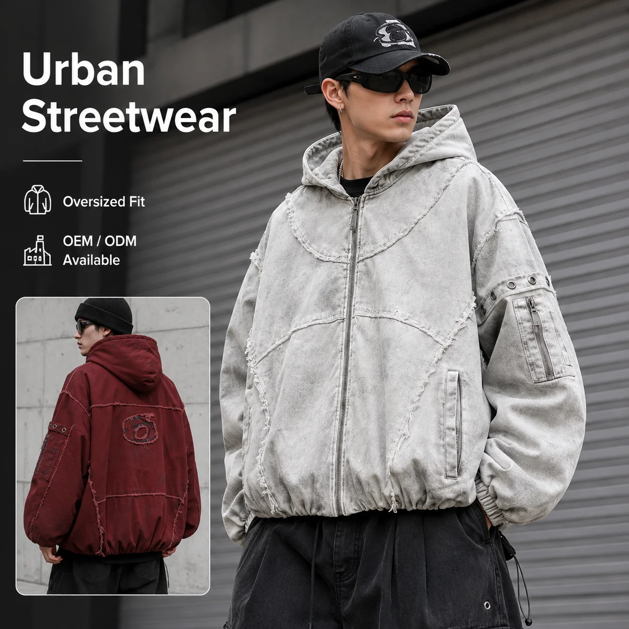 American Style Retro Distressed Hooded Patch Decoration Zipper Quilted Frayed Cotton-padded Coat Men Women Winter Loose Warm