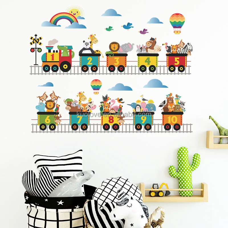 Math Education Cartoon Train Wall With Cartoon Animals Children's Room