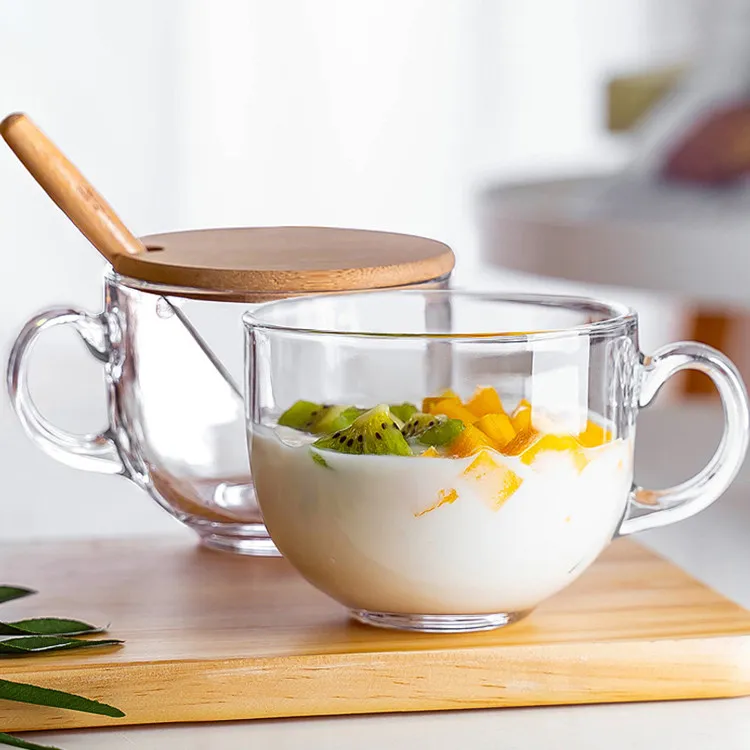 Оптовая продажа, кружки для молока, чая, завтрака, зерна, кофе, стеклянная чашка с бамбуковой крышкой