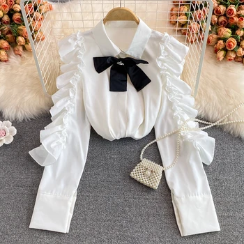 2021 Fashionable Women's Long Sleeve Top Korean Style Loose Bow Puff Sleeve Ruffled White Shirt Sweet Ladies' Blouse