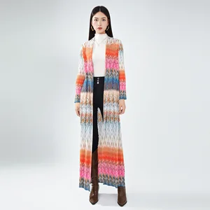 High Quality Polyester Long Trench Coat for Muslim Women Casual Style Belt Miyake Pleated Print Kaftan Robes