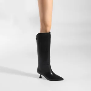 Moncheer Women's Black Knee-High Kitten Heel Boots Pointed Toe Slim Dress Boots Full on Knee High Boots Side Zipper