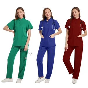 Women's Solid Color Stand Collar Scrub Set Straight-Leg Pants Stretch Fabric for Hospital Nurses Medical Scrub Uniform