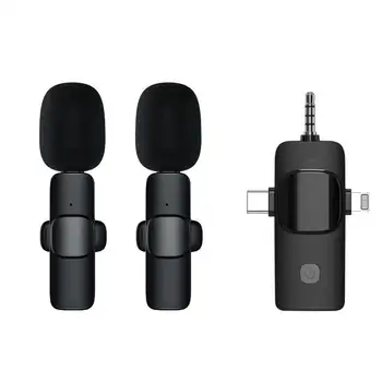 Portable 2.4G Wireless Stereo Lavalier Microphone Live Interview Outdoor Mini Noise Cancelling Lapel Mic 3 in1 for Camera/phone