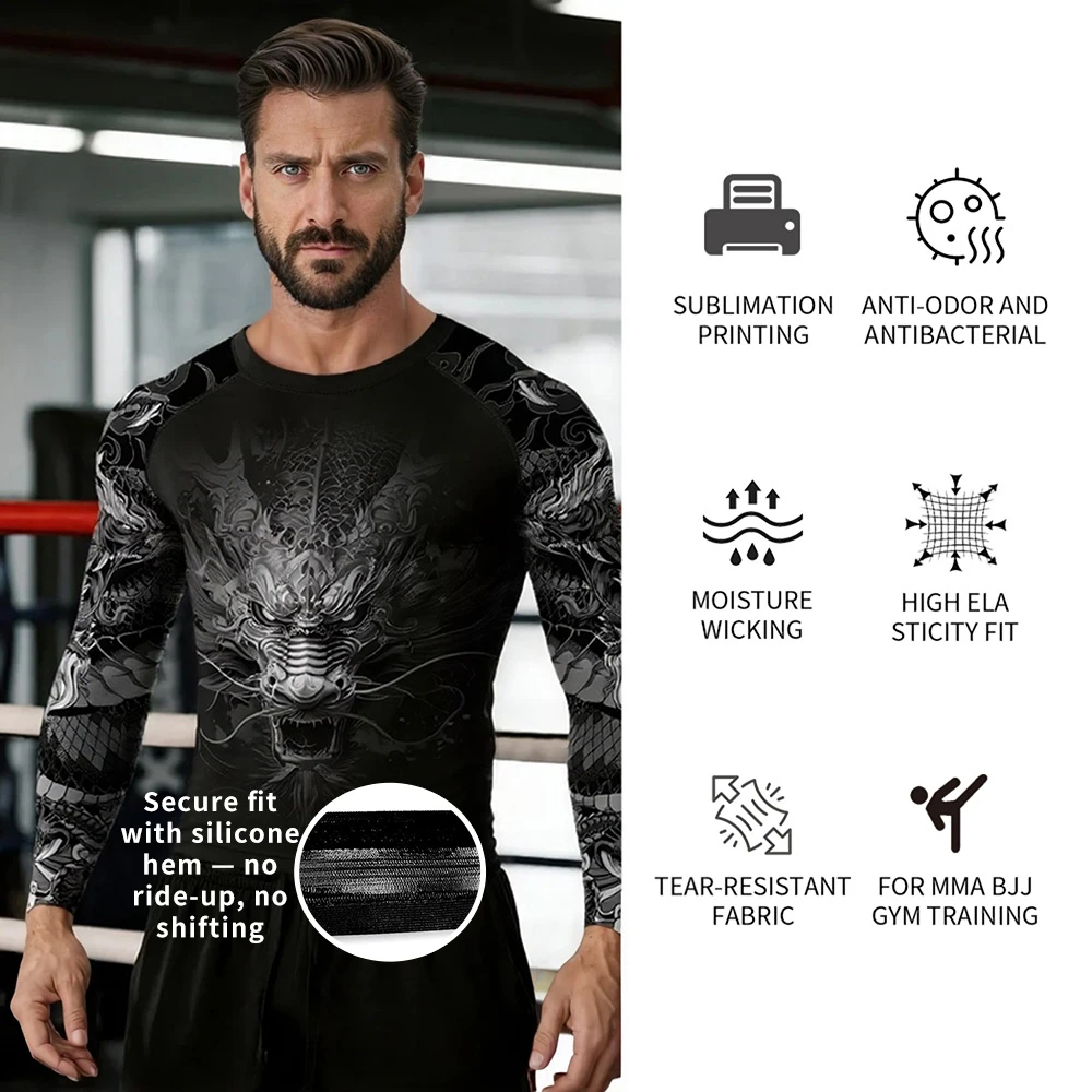 OEM anti-slip gummilangærmet MMA-rash guard-sæt, leverandør af tilpasset logo-printet kompressionshøjre og korte sublimations-rashguard